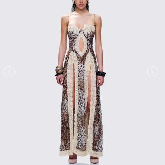 Finesse Sleeveless Lace Cut out Leopard Print Maxi Dress Brown Size XS - Picture 5 of 13